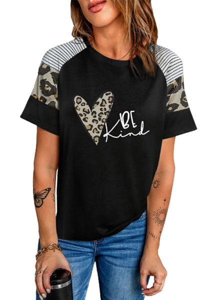 Striped Leopard Print Short Sleeve Women T-shirt