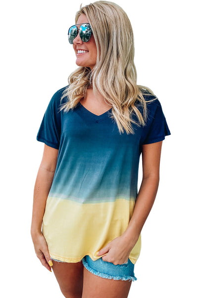 Gradient Color Block V Neck T Shirt