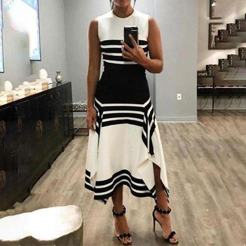 Striped Black  White Color Block Asymmetrical High Neck Dress