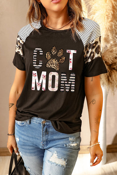 Striped Leopard Print Short Sleeve Women T-shirt