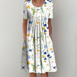 Yellow and Blue Floral Short Sleeve White Pleated Midi Dress