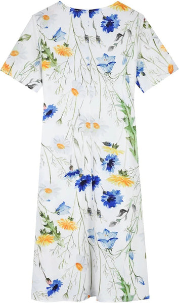 Yellow and Blue Floral Short Sleeve White Pleated Midi Dress