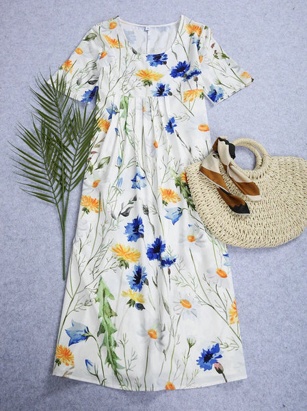 Yellow and Blue Floral Short Sleeve White Pleated Midi Dress