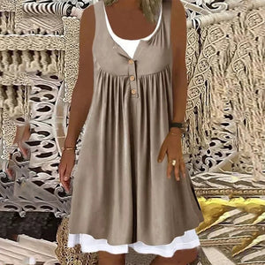 Khaki Sleeveless Button Front Smocked Twofer Mini Dress