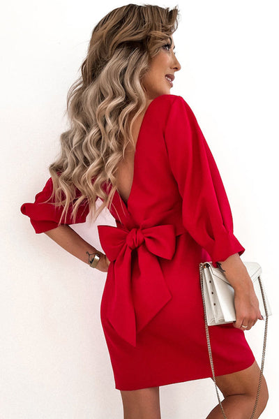 Bow Backless 3/4 Sleeve High Waist Mini Dress