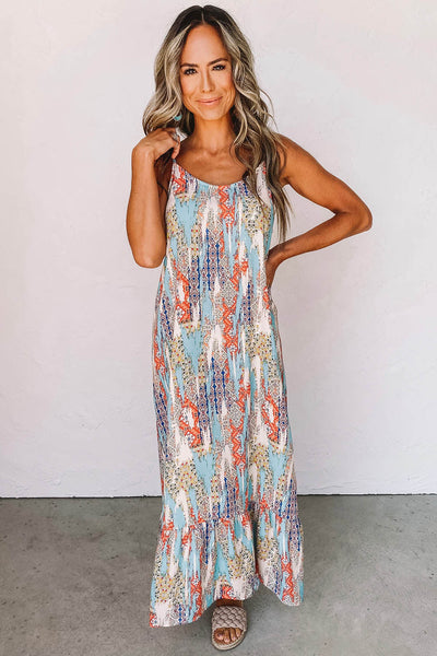 Western Pattern Print Spaghetti Strap Shift Maxi Dress