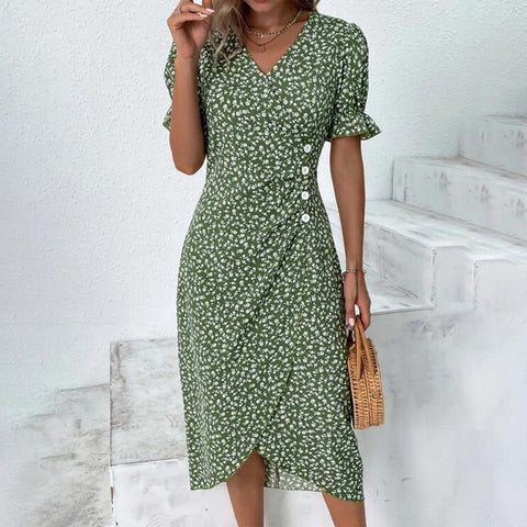 Fresh Short Sleeve Green Midi Dress