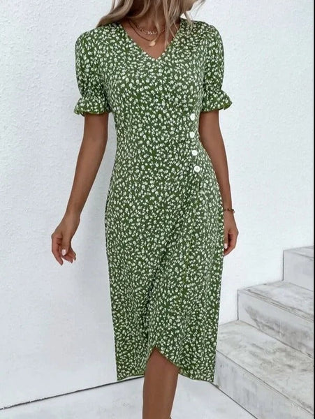 Fresh Short Sleeve Green Midi Dress