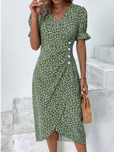 Fresh Short Sleeve Green Midi Dress