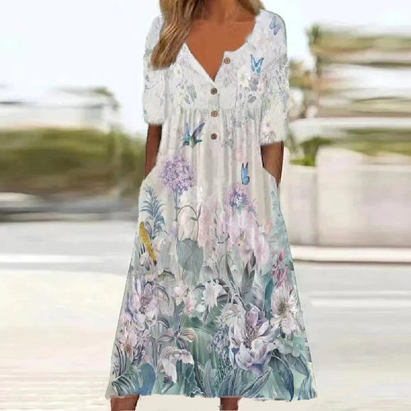 Short Sleeve White Floral Midi Dress