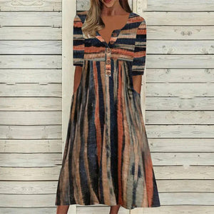 Retro Rustic Vertical Stripe Button Front Midi Dress