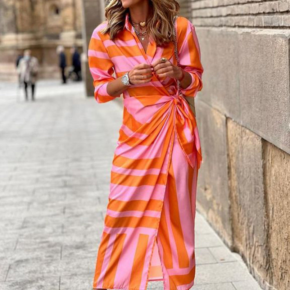 Orange and Pink Creamsicle Stripe Wrapped Tie Waist Midi Dress