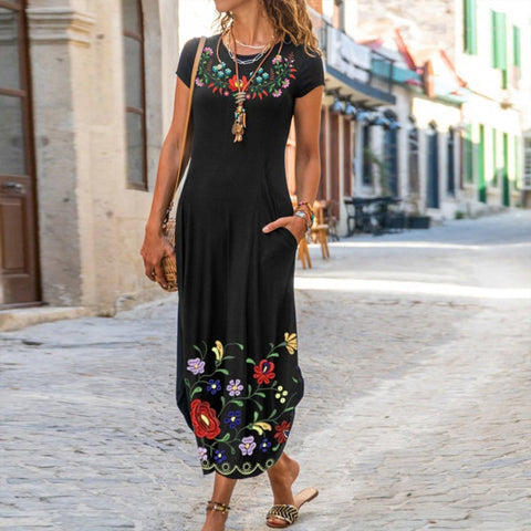 Casual Print Round Neck Midi Dress