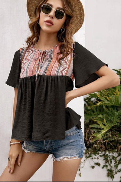 Western Serape Patchwork Flounce Short Sleeve Top