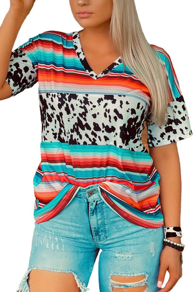 Western Serape Cow Color Block V Neck Top