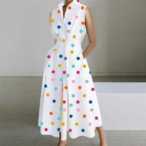 White Colorful Polka Dot Retro Sleeveless Midi Dress