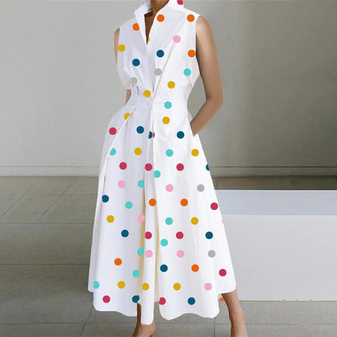 White Colorful Polka Dot Retro Sleeveless Midi Dress