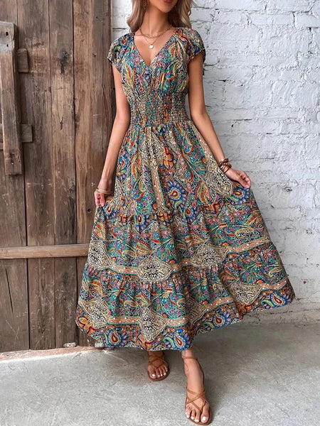 Colorful Paisley Shirred Waist Long Summer Dress