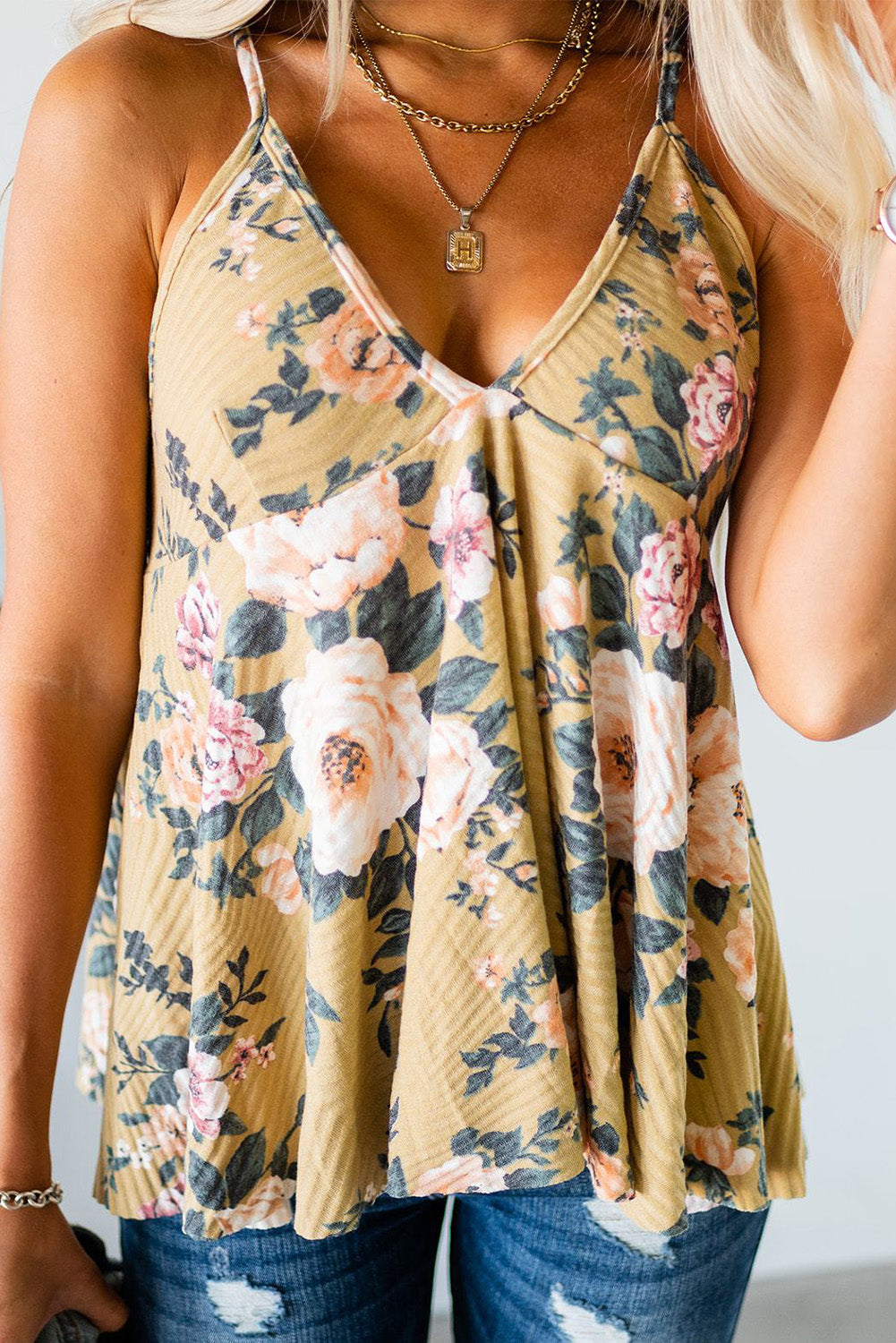 Floral Print Thin Straps Babydoll Tank