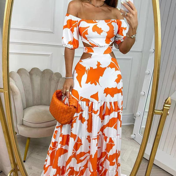 Sexy Orange Floral Print Dress