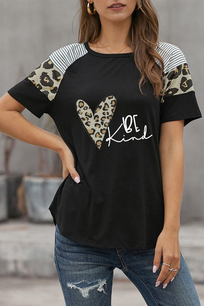 Striped Leopard Print Short Sleeve Women T-shirt