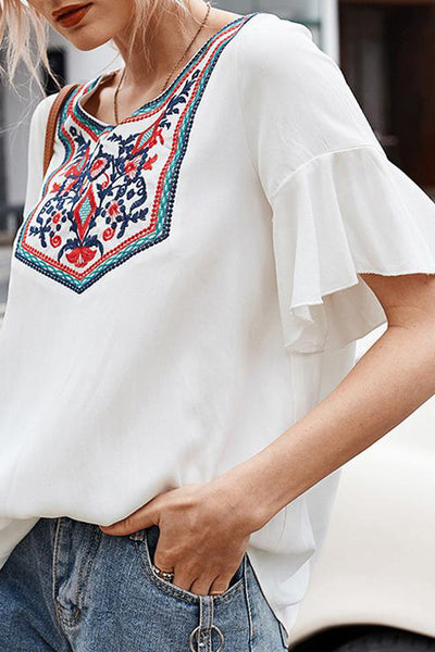 Retro Embroidered Print White Ruffle Short Sleeve Top