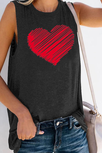 Valentine Heart Print Loose Crew Neck Tank Top