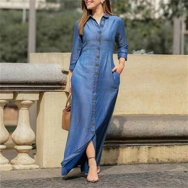 Oversized Chambray Denim Button Front Blouse Midi Dress