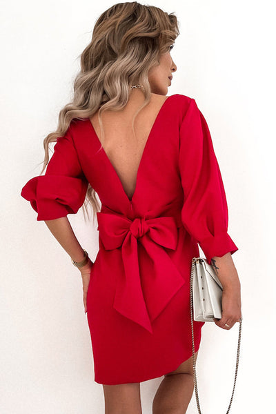 Bow Backless 3/4 Sleeve High Waist Mini Dress