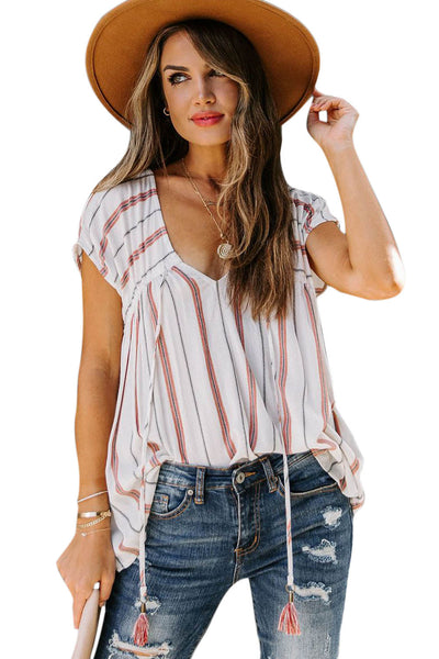 Striped Print Loose V Neck Short Sleeve Top