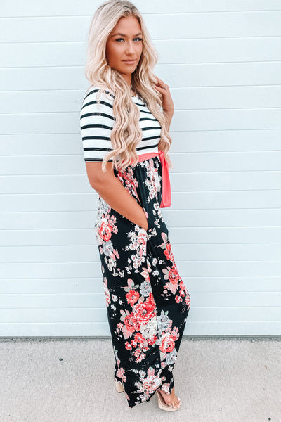 Floral Striped Color Block Lace-up High Waist Maxi Dress