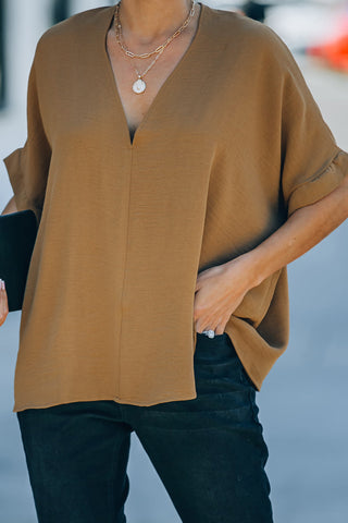 Solid Loose V Neck Short Sleeve Blouse