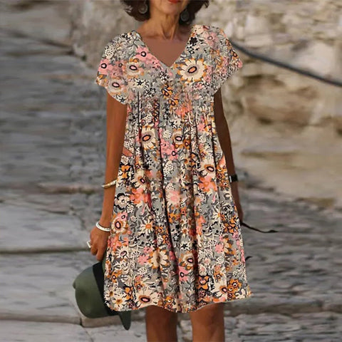 Orange Short Sleeve Print Mini Dress