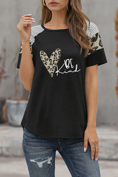 Striped Leopard Print Short Sleeve Women T-shirt