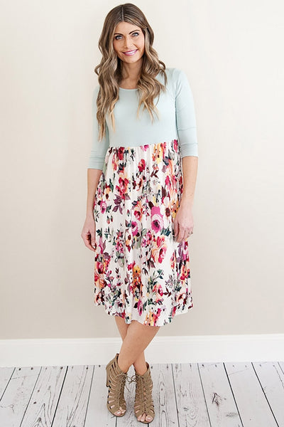 Grey Solid Bodice Floral Bottom Midi Dress