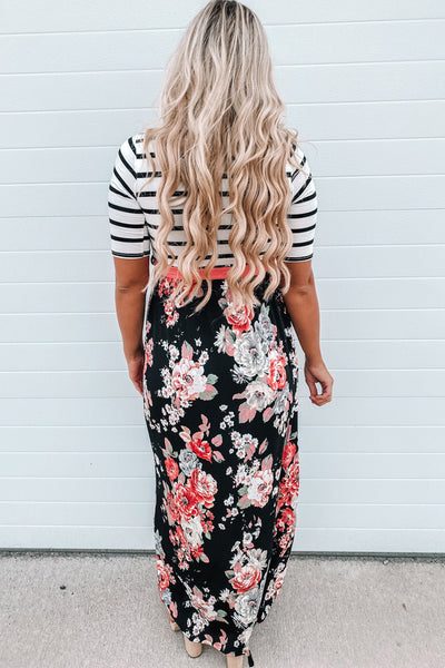 Floral Striped Color Block Lace-up High Waist Maxi Dress