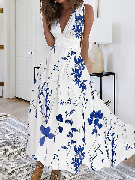 Royal Blue Floral Print White Midi Dress