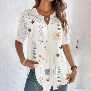 Eyelet Lace Floral Garden Print Short Sleeve Top