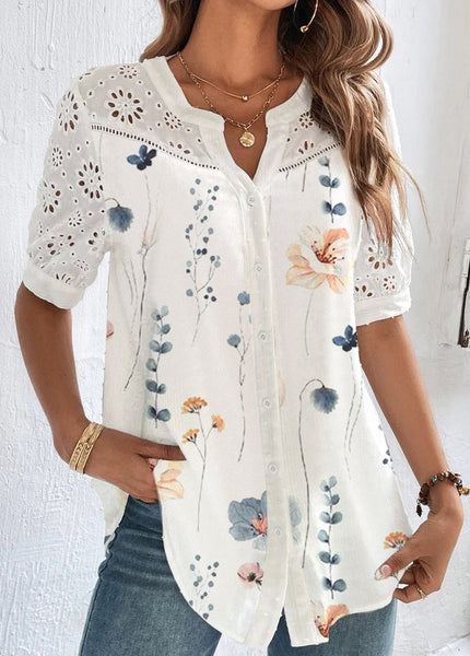 Eyelet Lace Floral Garden Print Short Sleeve Top