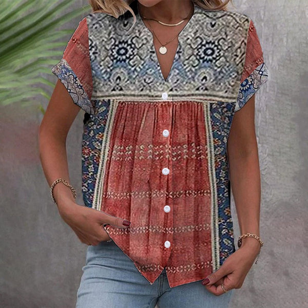 Notched Button Front Short Sleeve Prairie Top