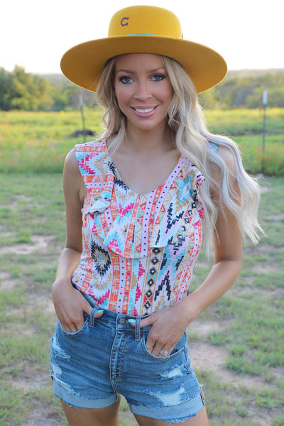 Western Aztec Print Ruffled Sleeveless Bodysuit