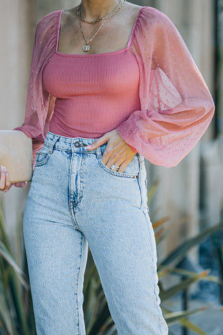 Ribbed Knit Polka Dot Mesh Long Sleeve Blouse