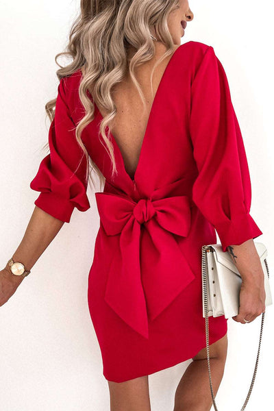 Bow Backless 3/4 Sleeve High Waist Mini Dress