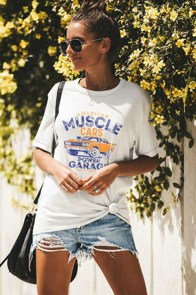 Casual Letter and Car Print Graphic Tee