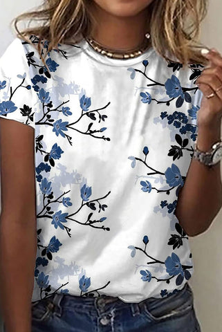 Floral Print Round Neck Short Sleeve T Shirt