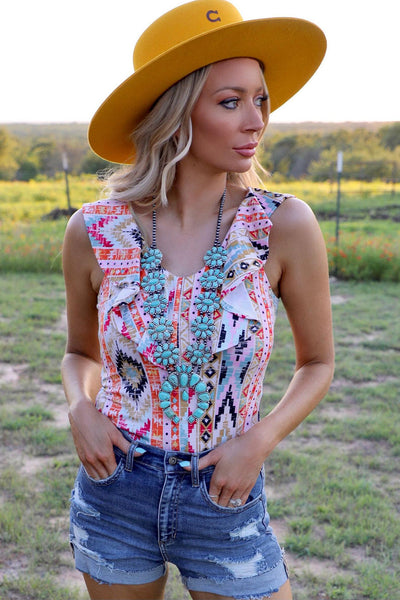 Western Aztec Print Ruffled Sleeveless Bodysuit