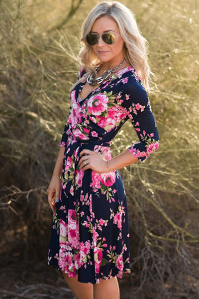 Wrap V Neck Floral Dress with Belt