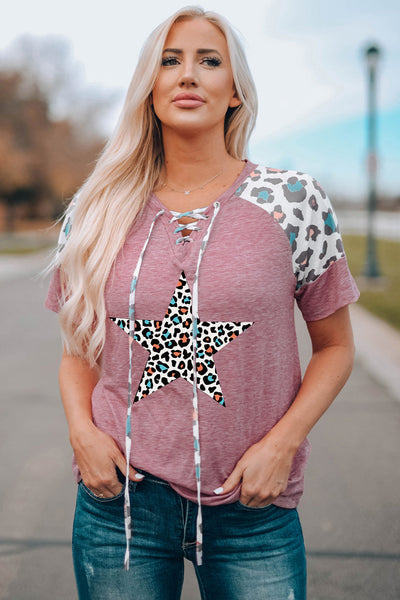 Lace up Leopard Sleeve T Shirt