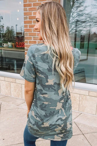 Camouflage Print V Neck Short Sleeve T Shirt