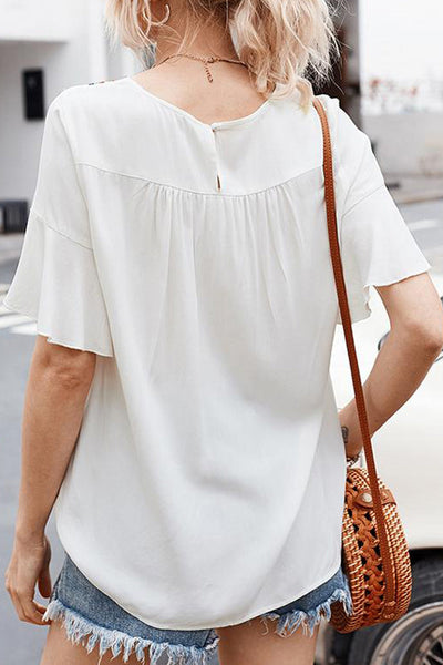 Retro Embroidered Print White Ruffle Short Sleeve Top